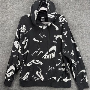 Nike Sportswear Black Hoodie with All Over Nike Swoosh & 'Just Do It' Print XL